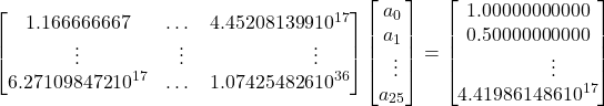 \left[\begin{matrix}1.166666667&\dots &4.452081399〖10〗^{17}\\ \vdots &\ \vdots &\ \ \ \ \ \ \ \ \ \ \ \vdots \\ 6.271098472〖10〗^{17}&\dots &1.074254826〖10〗^{36}\end{matrix}\right]\left[\begin{matrix}a_0\\ a_1\\ \ \vdots \\ a_{25}\end{matrix}\right]=\left[\begin{matrix}1.00000000000\\ 0.50000000000\\ \ \ \ \ \ \ \  \ \vdots \\ 4.419861486〖10〗^{17}\end{matrix}\right]